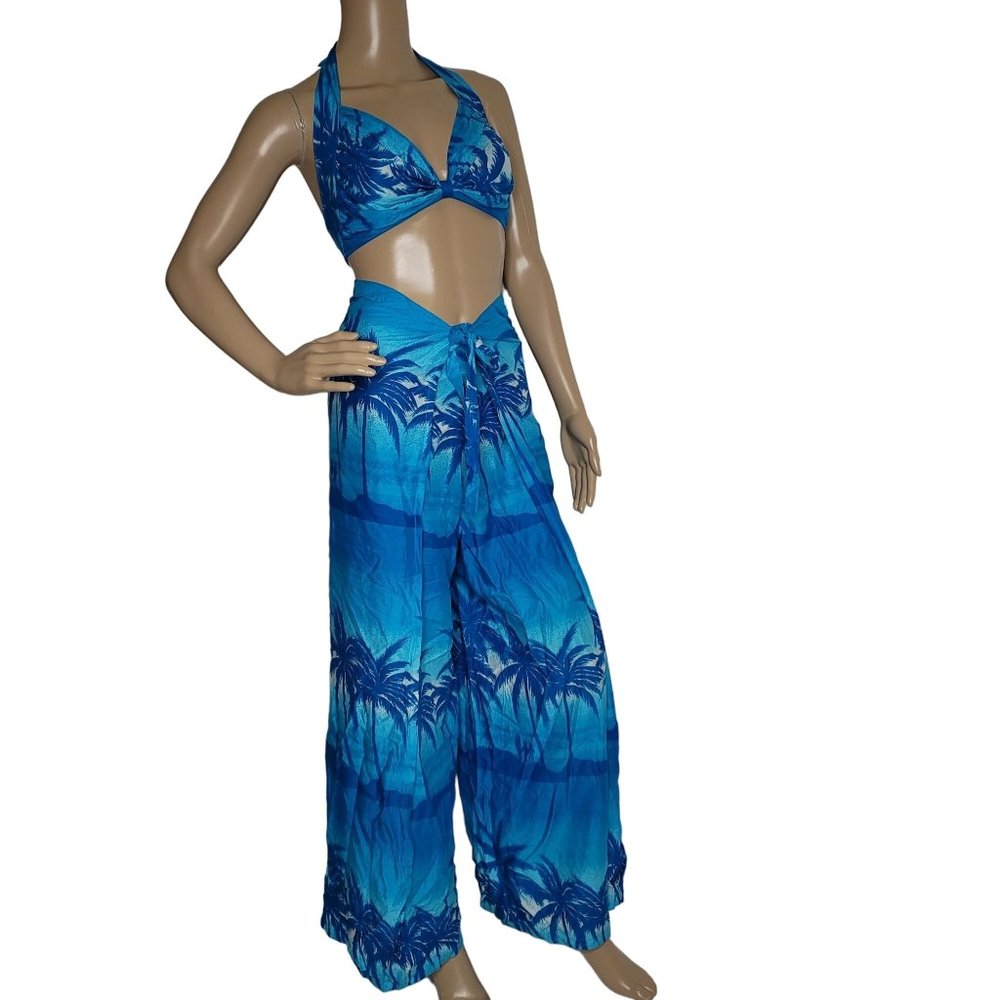 in gear Hawaiian blue palm tree one size outfit bikini top with tie pants.
